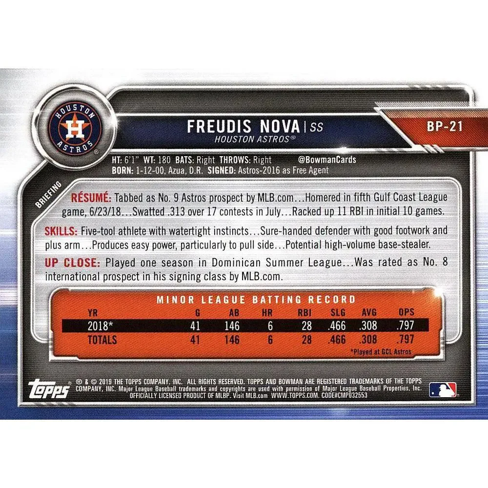 2019 Bowman Prospects Freudis Nova #BP-21 HoUSton Astros